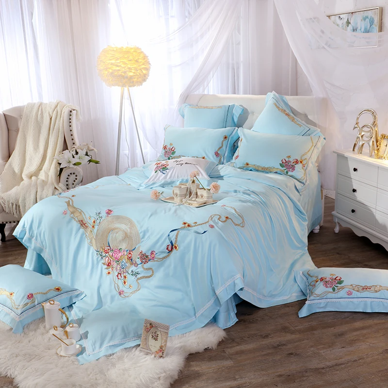 Небесно голубой Роскошные Улитка цветок вышивка 80 s Египет хлопок постельное белье набор пододеяльников для пуховых одеял постельное