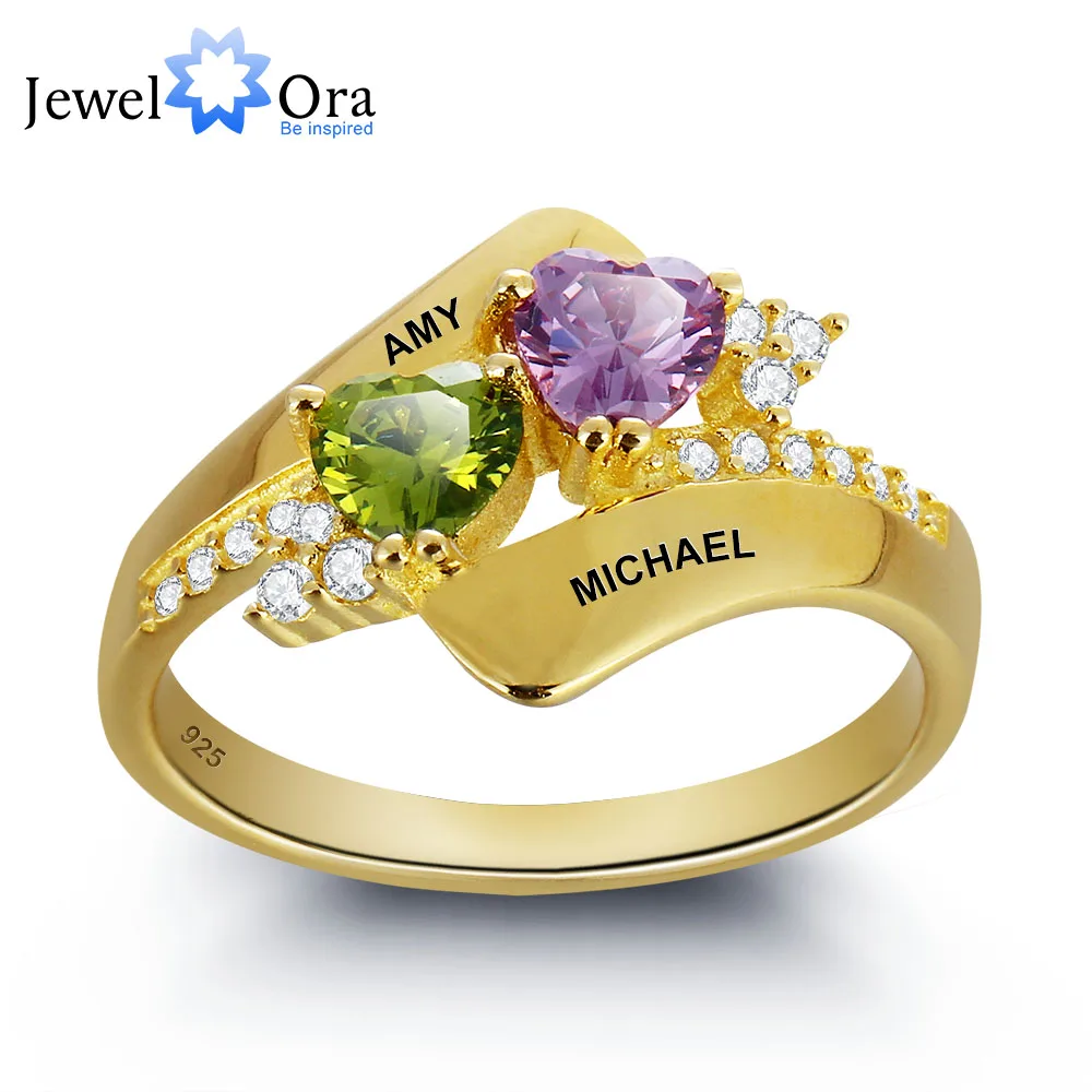 Personalized Engrave Birthstone Ring 925 Sterling Silver Double Heart Shape Love Promise Free Gift Box (JewelOra RI101798)