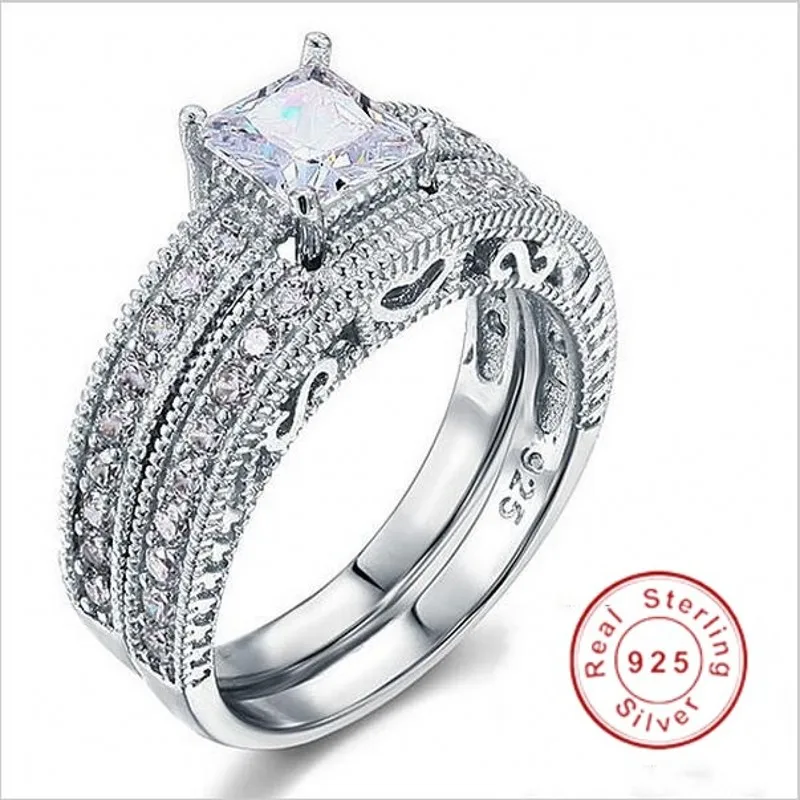 

Antique Style Engagement 925 silver Filled ple rings Princess cut 5A Zircon Birthstone Wedding Band Ring set gift