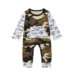 Хлопковая одежда для новорожденных девочек; Весенний милый камуфляжный комбинезон с длинными рукавами и бантом; комбинезон; Sunsuit