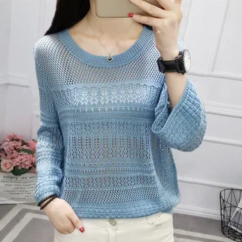 

Women Knitted Hollow Out Pullovers Tops Fashion Korea Ladies Casual Summer Jumper Mesh Femme Pull High Quality Pull Wholesale