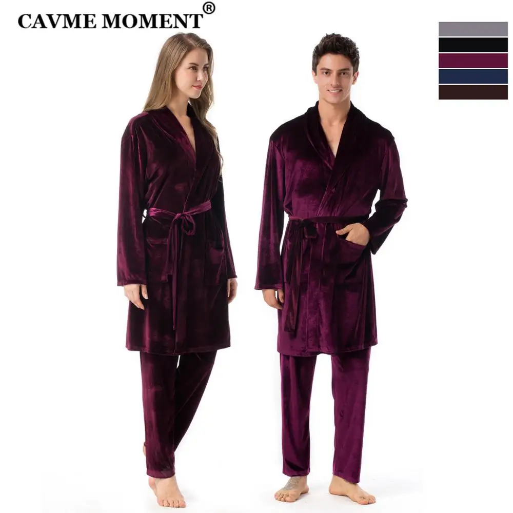 

2019 CAVME Velour Robe Set for Couples Plus Size Sleepwear Unisex Turn-down Collar Velvet Homewear Solid Color 2 Pieces