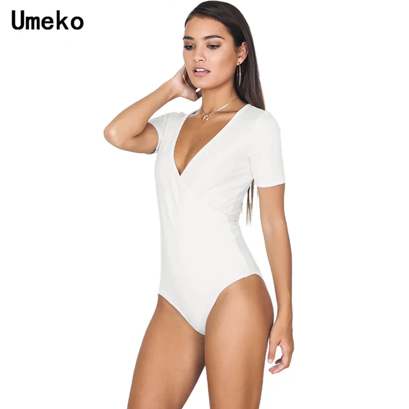 Umeko, летний женский сексуальный Облегающий комбинезон, короткий рукав, однотонный, тонкий, боди для женщин, v-образный вырез, для спорта и отдыха, эластичный комбинезон, Femme