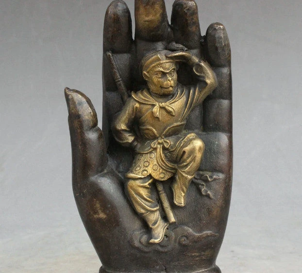 

6" China Buddhism Copper Bronze Gilt Sun Wukong Monkey King Buddha Hand Statue