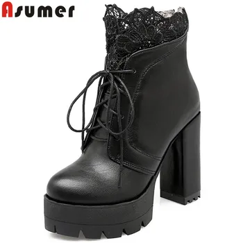 

ASUMER 2020 fashion autumn winter boots women round toe ankle boots for women platform lace up ladies boots thick high heels
