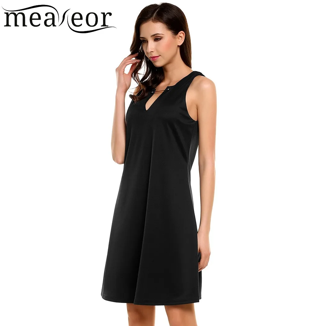 Meaneor Women Dress Summer Autumn Simple Casual V-Neck Sleeveless Solid A-Line Pleated Hem Elatic Tank Dresses Feminino Vestidos Dresses