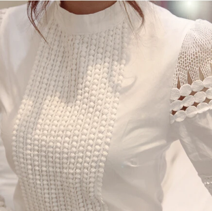 

New Women Blouses Slim Bottoming Long-sleeved White Shirt Lace Hook Flower Hollow Plus Size S-5XL