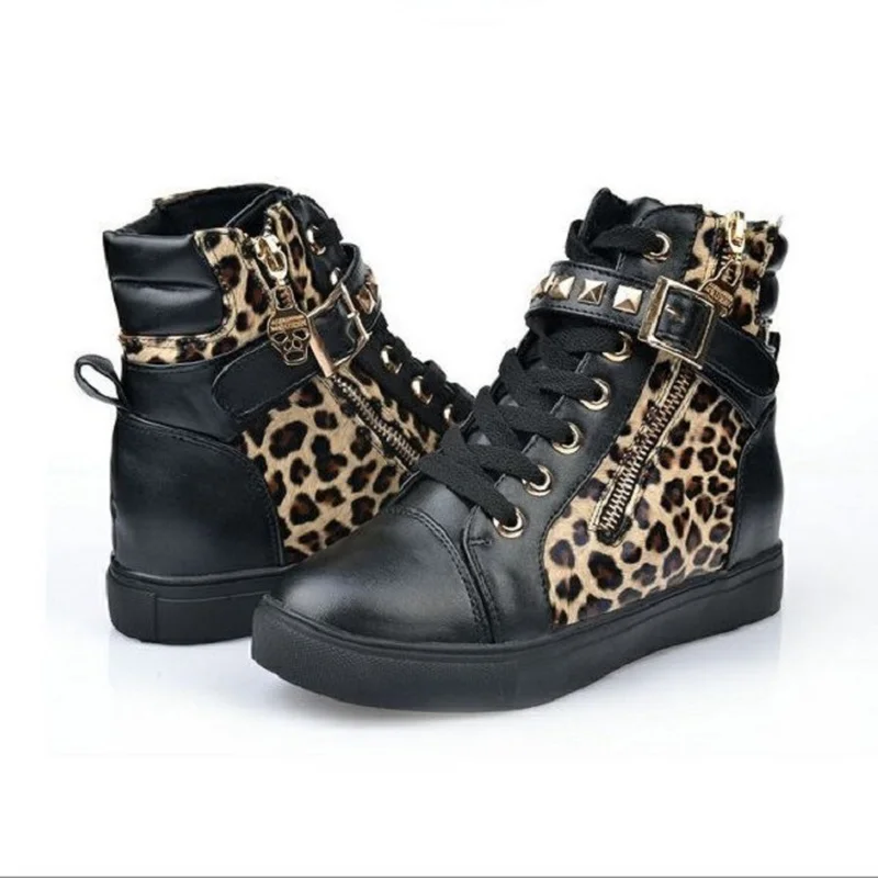 

High Top Canvas Shoes women Lace-up Increase within Casual Shoes with Side metal Zip Rivet belt buckle decoration Female shoes