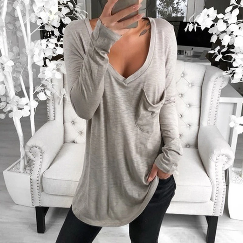 

Kimuise Female Spring Autumn Tees 2019 Harajuku Women's T-shirts V Neck Long Sleeve Casual Loose Top Shirts