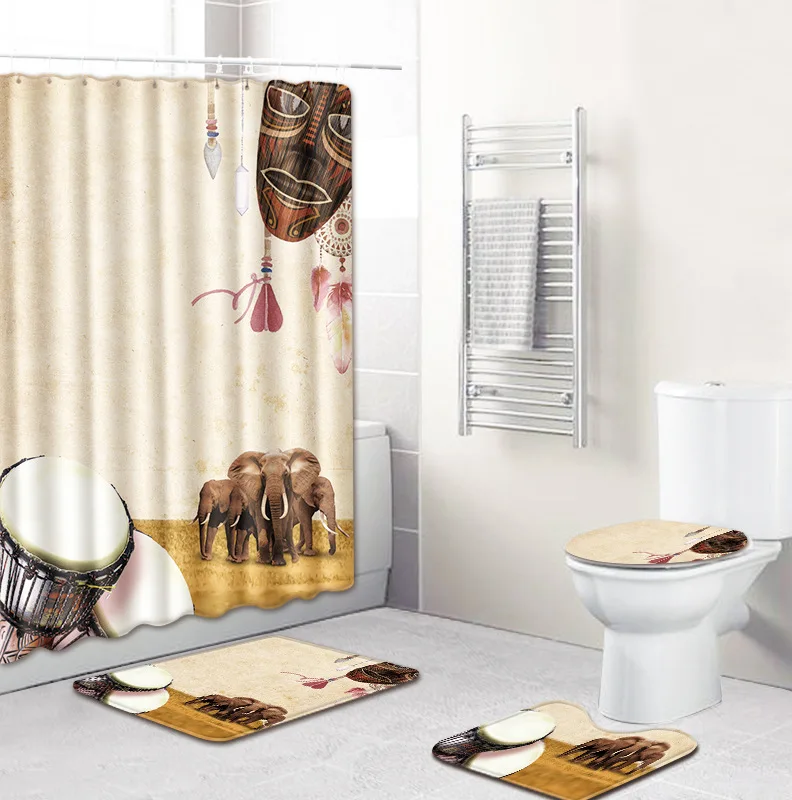 

Egypt African Style Bathroom Mat Set Non-Slip Pedestal Rug + Lid Toilet Cover + Bath Mat Carpet + Bath Shower Curtain 4PCS/SET