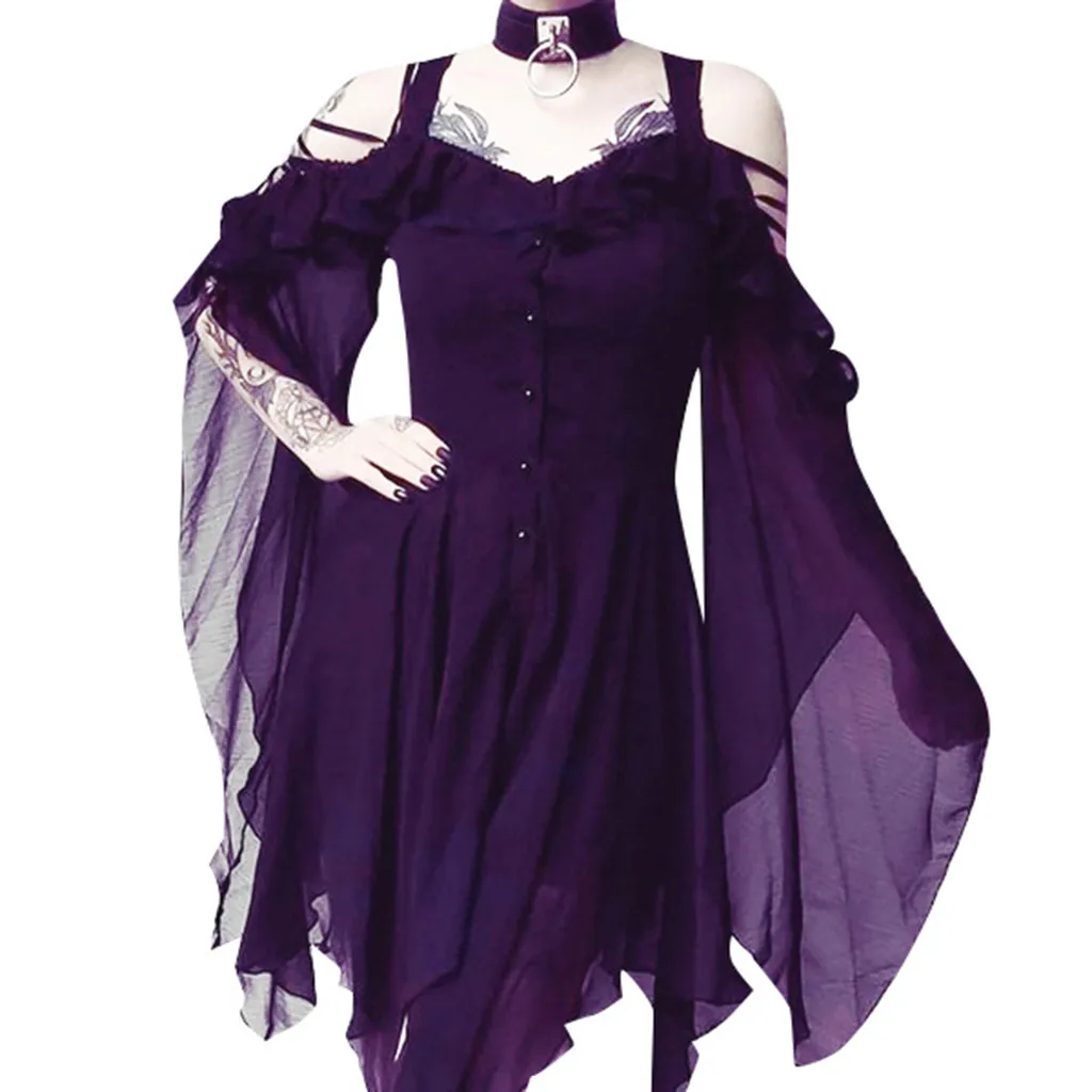 Feitong, летнее платье, женское, модное, темно влюбленное, шифоновое, в готическом стиле, рукав "летучая мышь", с оборками, с открытыми плечами, готическое платье средней длины lange jurken