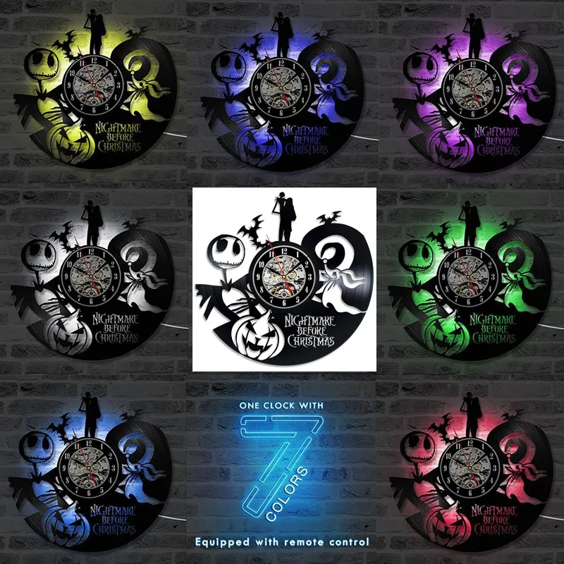 Billig Vintage Schallplatte Wanduhr mit 7 LED Beleuchtung Der Albtraum Vor Weihnachten LED Wanduhr Kunst Hängen Uhr Hause decor