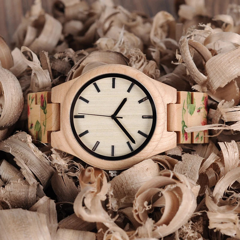 BOBO BIRD WL26 Strong Pine Wood Watches Brand Designer Watch for Men Women New UV Printing Flower Wooden Band Quartz Watch