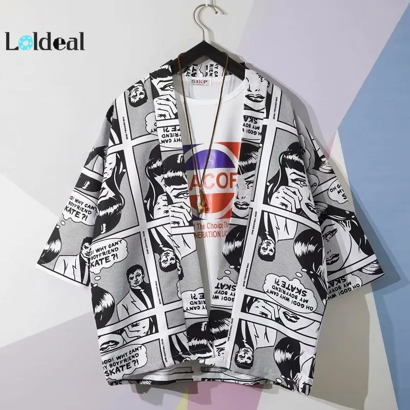 

LOLDEAL Robe Kimono Male Harajuku Style Ins Jacket Comic Sunscreen Casual Cotton Cropped Sleeves Cardigan Shirt
