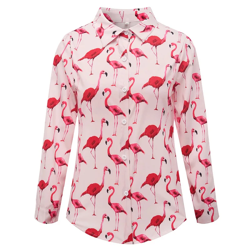 Long Sleeve Flamingo Print Chiffon Blouse Women Spring Summer Casual