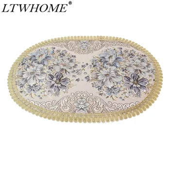 

LTWHOME Blue Flower Embroidered Cutwork 17.7" x 12.8" Doily Satin Fabric Oval Table Placemat,Coaster