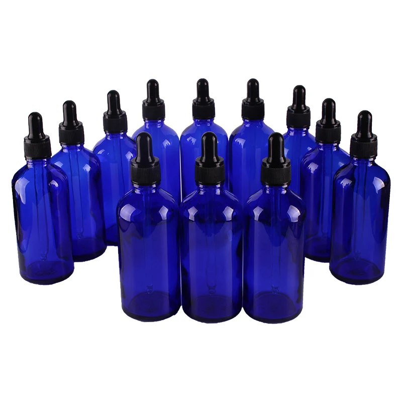 12pcs 100ml Cobalt Blue Glass Dropper Bottles With Pipette For