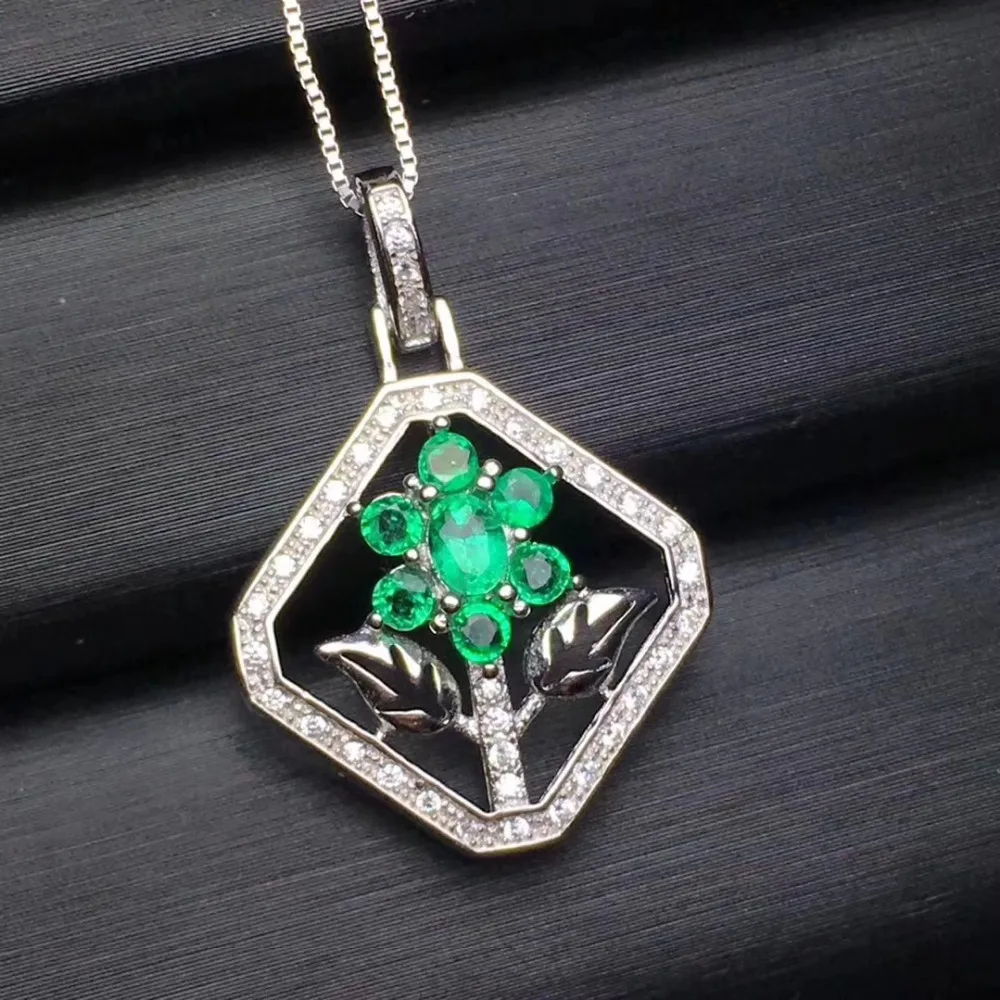  Collier pendentif fleurs naturelles vert émeraude collier S925 argent pierres précieuses naturelles