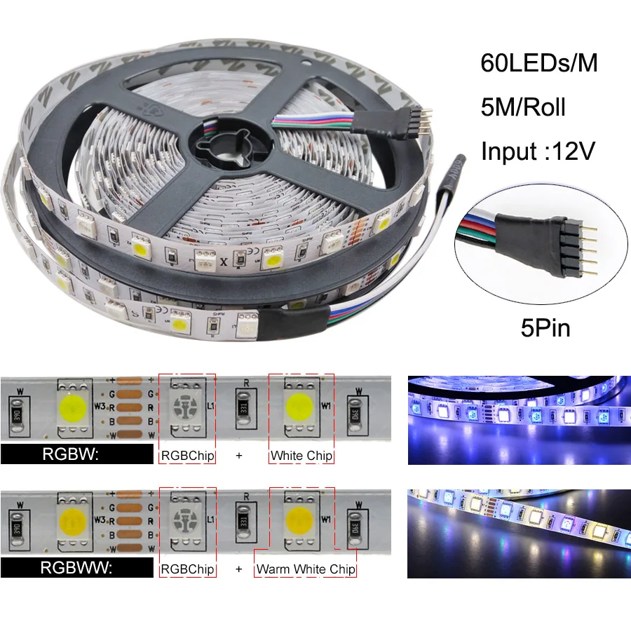 5050 RGBW светодиодный светильник RGB+ теплый/белый 10 м 60 светодиодный гибкий водонепроницаемый неоновый лента tira 40Key контроллер постоянного тока 12 В комплект адаптеров