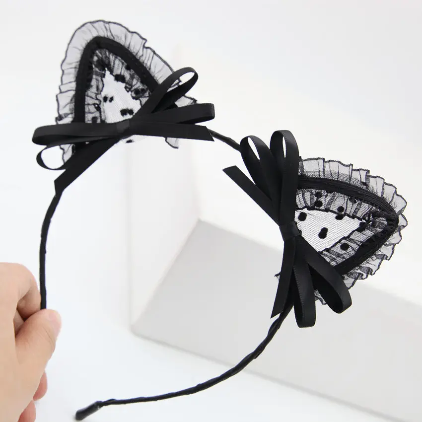 

2019 Fashion Cute Mesh Lace Dot Cat Ear Hairbands Simple Solid Ribbon Bow Fox Ears Hair Bands For Women Headwear Girls Accessory