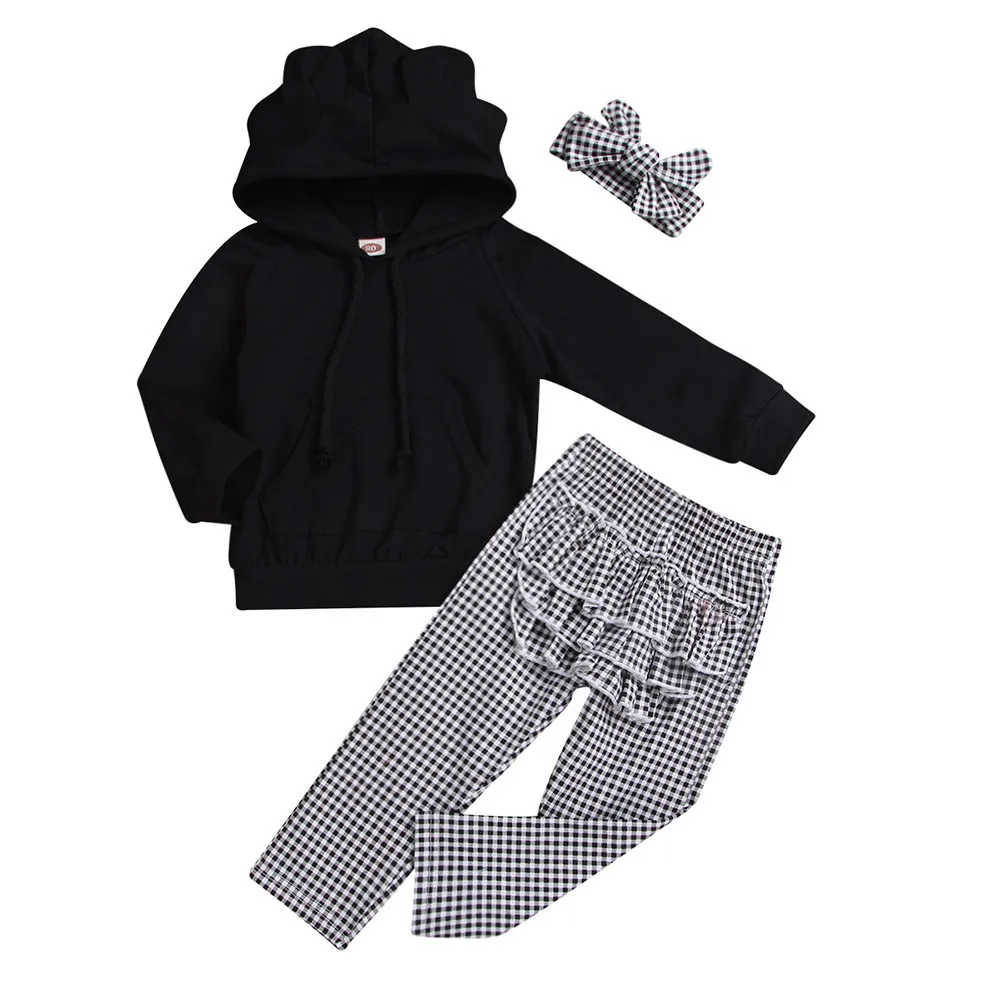  CHAMSGEND Toddler Baby Solid Ruffle Hoodie Tops+Plaid Pants+Headband Outfit Clothes JAN18 P40