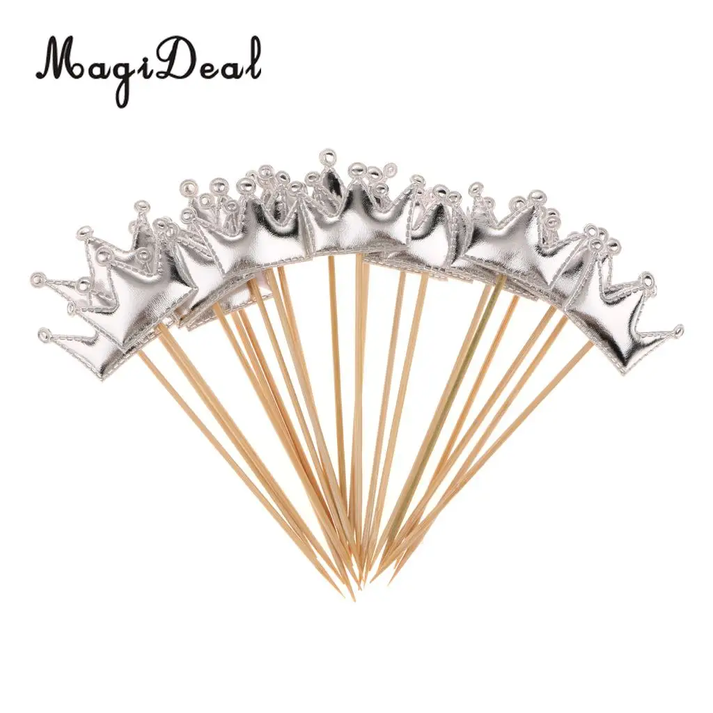 MagiDeal 20pcs PU Leather Crown Cake Topper Cupcake Toothpicks Wedding Birthday Party Baby Shower Party Fruit Food Sticks