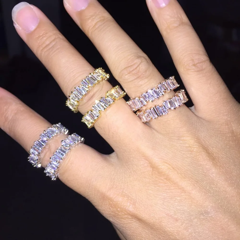 

Thin Baguette T Ring Engagement Handmade Rainbow Trapezoid Stone For Women Fashion Finger Accessories Anel Wedding Band