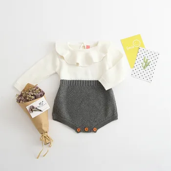 

Spring Girls Knitted Rompers Fashion Lotus Collar White Newborn Baby Girls Clothes Kids Clothing Roupas Para Bebes Menina