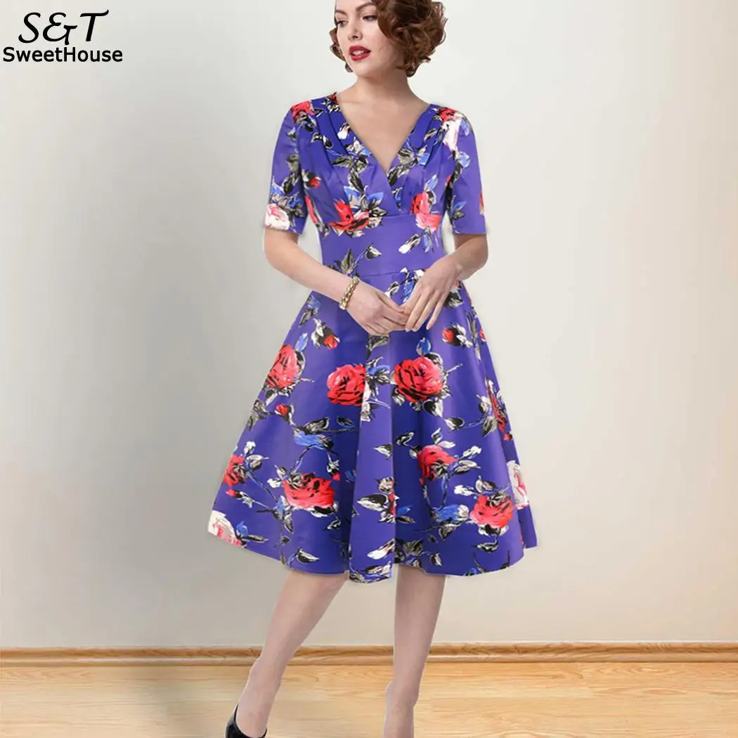 Women Fashion Retro V-Neck Mid Sleeve Pleated Floral Printed Large Knee Length Slim Hem Dress Casual High Waist - Цвет: BL