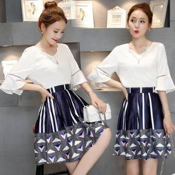 

New summer suits Korean fashion two-piece clothing set women white V neck white blouse & chiffon print skirt vestido outfit