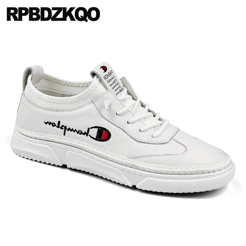 Calzado Blanco blanco Marca Skate Bordado Moda Europeo Pista Redonda De Casuales Hombres Cuero Zapatos Real Punta Zapatillas Negro Los Deporte Lujo 6w4R06