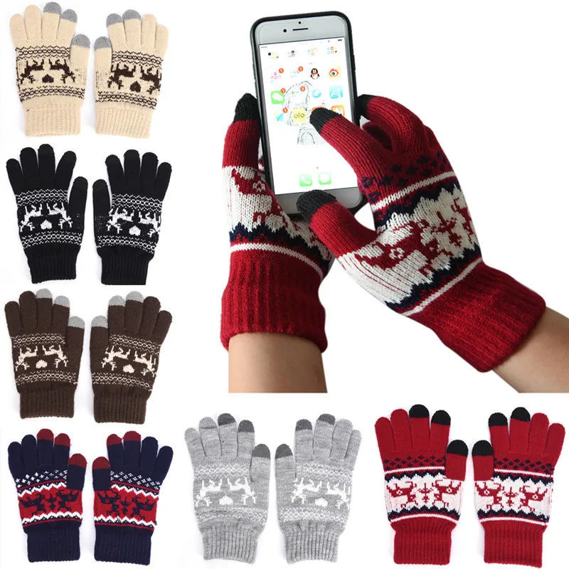 Fashion Christmas Deer Winter Gloves Women Men Full Finger Hand Warmer Touch Screen Male Knit Wool Thick Mittens