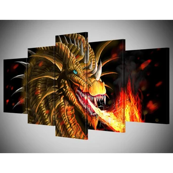 

HD Canvas Living Room Home Decoration Framework Modern 5 Panel Dragon Foo Printed Pictures Painting Wall Art Modular Poster