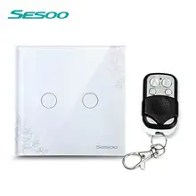 SESOO EU Standard 2 Gang 1 Way Remote Control Touch Switch Remote Wall Light Switch With Cystal Glass Panel lace