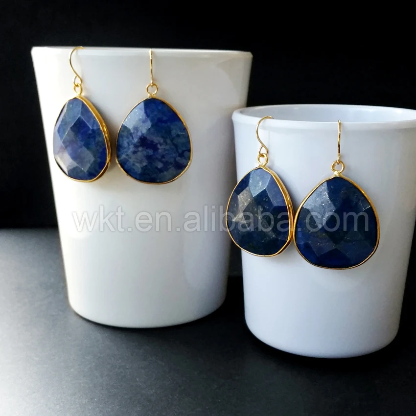 

WT-E220 Wholesale Custom Natural Blue Semi-precious Stone Teardrop With Gold Loops Water Drop Earring Fashion Jewelry Making