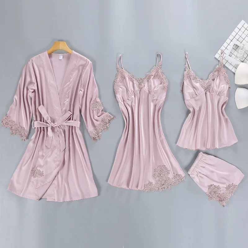 

Pijama Set 4pcs Ladies Sexy Silk Satin Pajama Set Lace Pyjama Set V-neck Sleepwear Suit Home Wear Sleep Wear For Women Lingerie