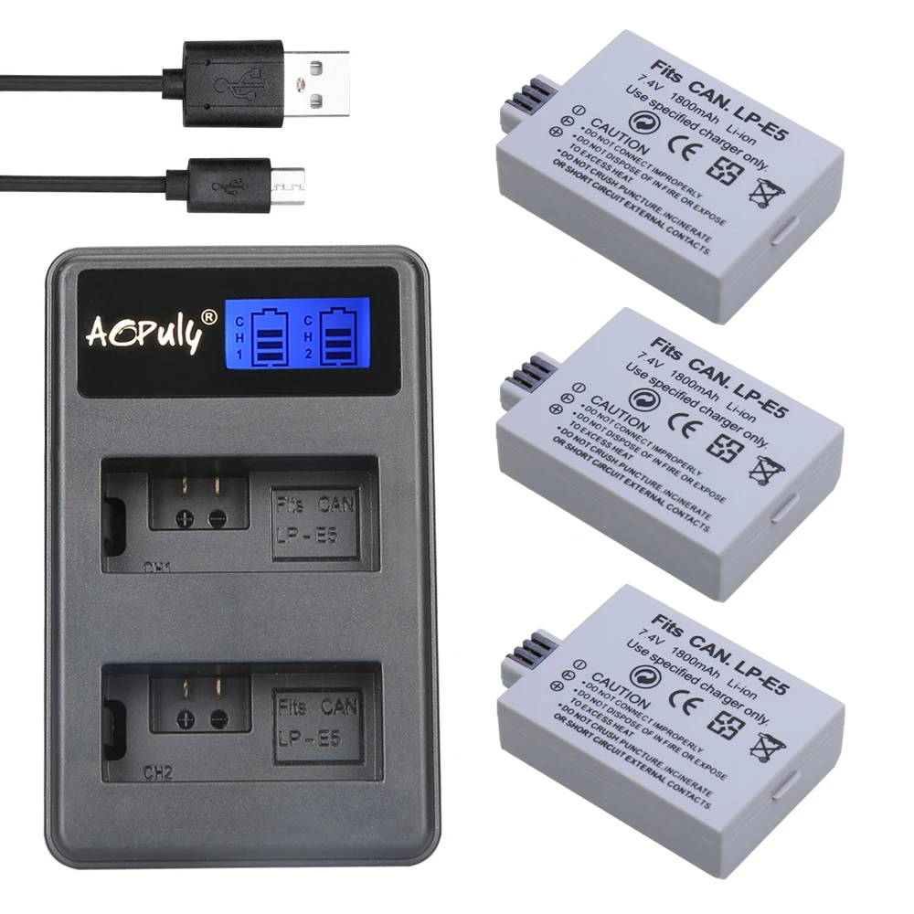 

AOPULY LCD Dual USB charger + 3x LP-E5 Camera Battery LP E5 LPE5 For Canon EOS 450D 500D 1000D KISS X2 X3 F Rebel XS XSi T1i