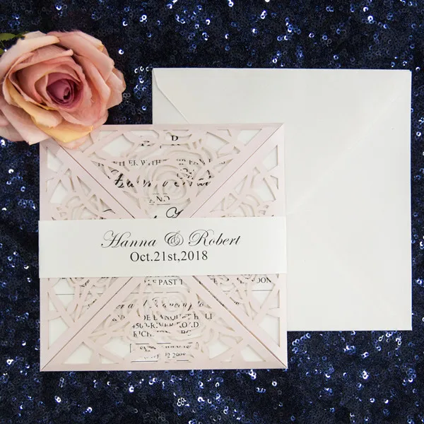 

Classic Unique Blush Pink Rose Laser Cut Wedding Invitation Suite