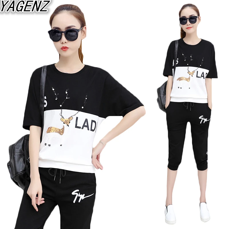 

2019 Sporing Sets Summer Sequins Short sleeve Sporting Suit Women's Casual 2 Piece Sets Sportswear Female Large size Pant Sets