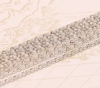 

10Meter 2mm Pearl Clear Rhinestones Silver Plated Flatback Ribbon Chain Trim For Sewing Craft Diy