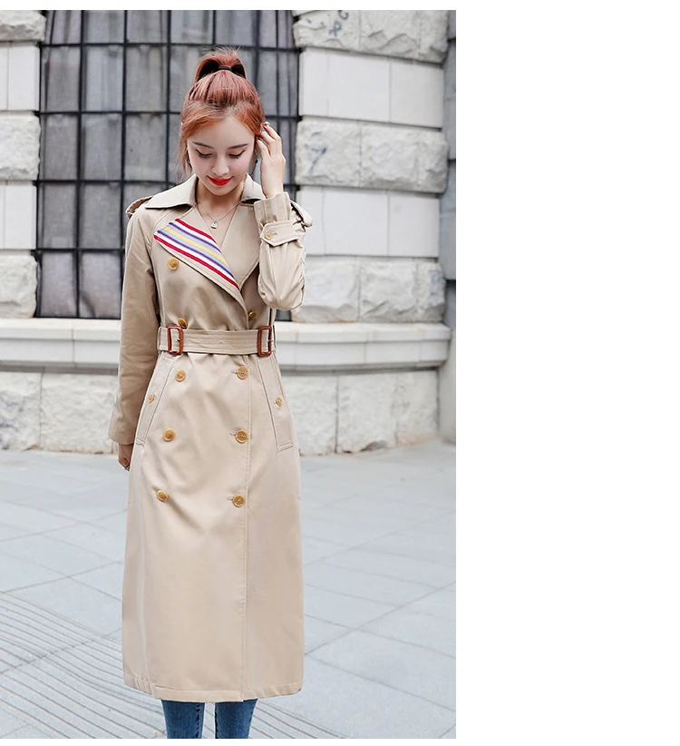Весенний Повседневный Женский Тренч, модное приталенное двубортное пальто в полоску с завязками средней длины, ветронепроницаемое Женское пальто