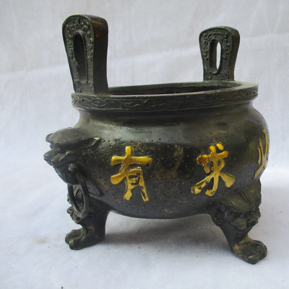 

Collectible Chinese Old Bronze Carved Gold gilt Grant whatever is requested Censer /Antique Metal Censer from China
