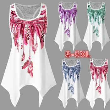 

2019 Summer T-shirt Fashion Women Tops Sexy Sleeveless tee Tops Casual Style Cotton Print Lace Stitching Irregular tshirt