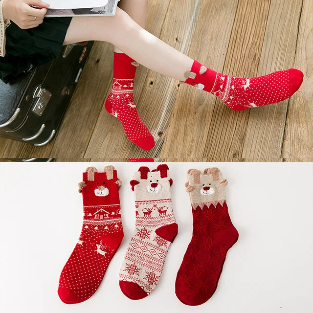 1pair Women Cute Socks Short Winter Warm Cotton Blends 1pair Women Cute Socks Short Winter Warm Cotton Blends Christmas Bright Color