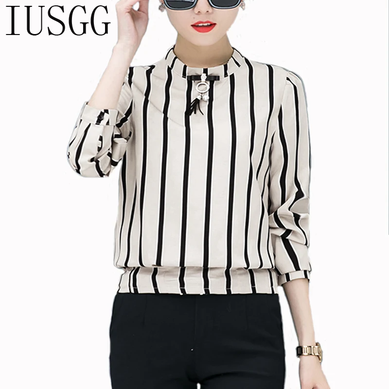 

Blusas Mujer De Moda 2019 Fashion Striped Spliced Chiffon Blouses Stand Neck Full Sleeve Casual Blouse Women Casual Korean Tops