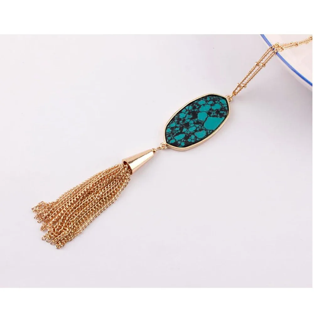 

2018 Designer Inspired Oval Pendant Tassel Long Chain Pendant Statement Necklace for Women