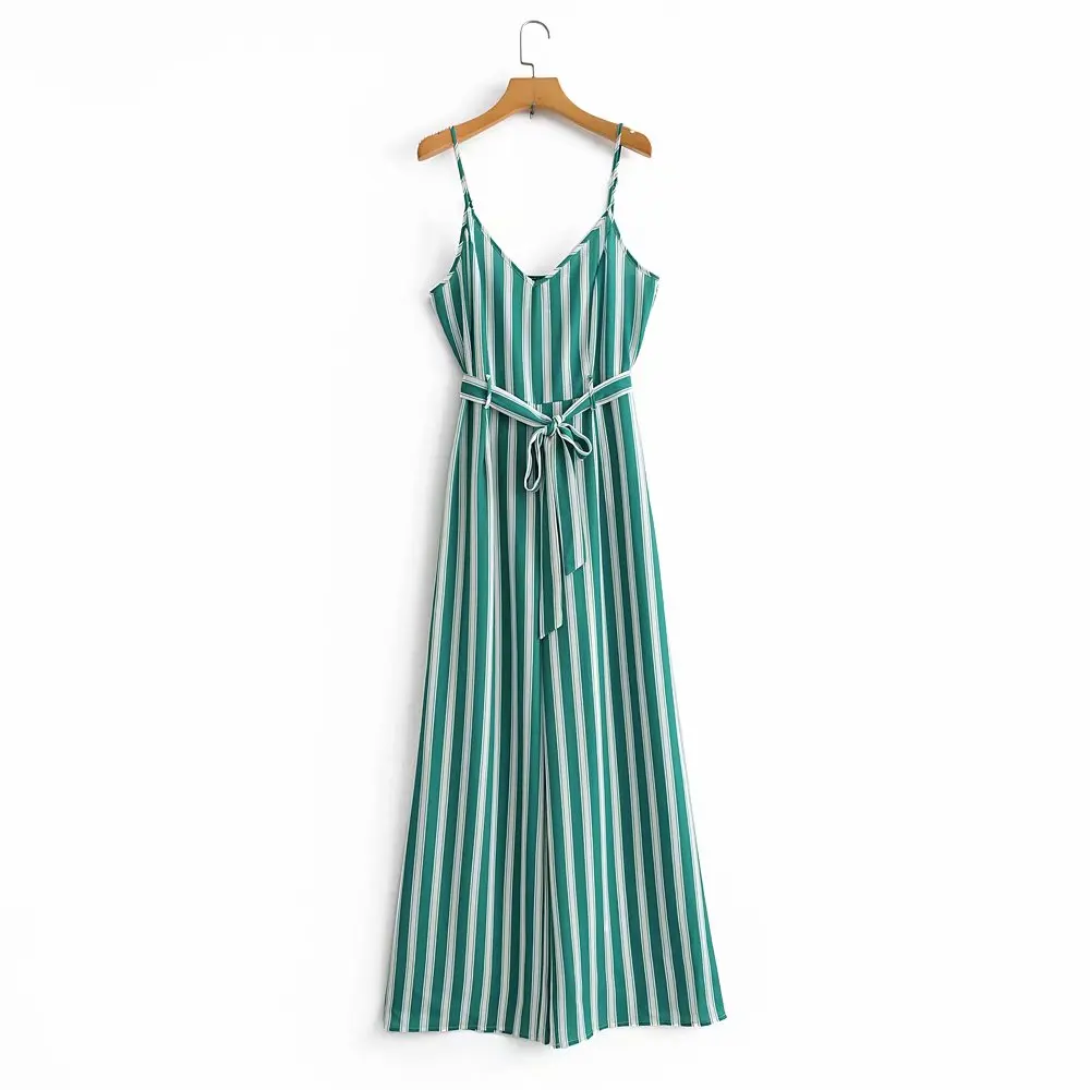 

2019 women vintage v neck striped sling jumpsuits ladies summer chic rompers bow tied sashes casual slim overalls trousers P281