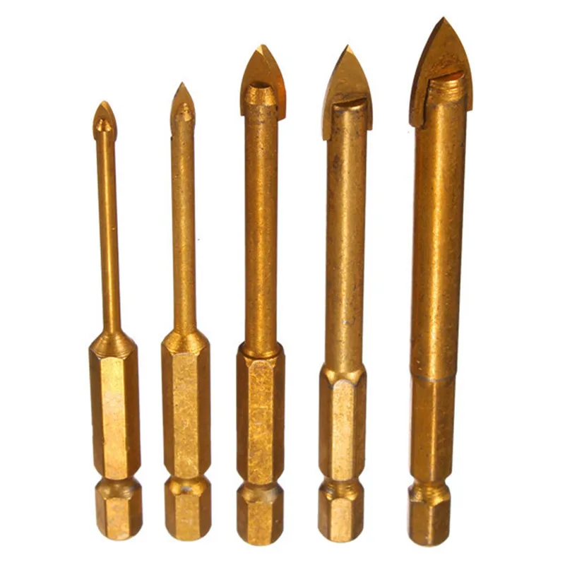 5pcs Titanium Coated Glass Drill Bit Set 3mm 4mm 6mm 8mm 10mm Hex Shank