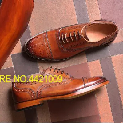 

European style men Bullock carved Oxford shoes vintage brown lace up genuine leather business casual flats zapato hombre