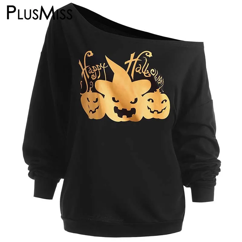 

Plus Size 5XL Happy Halloween Pumpkin Print One Shoulder Sweatshirt Women Long Sleeve Black Pullover Tracksuit Oversized